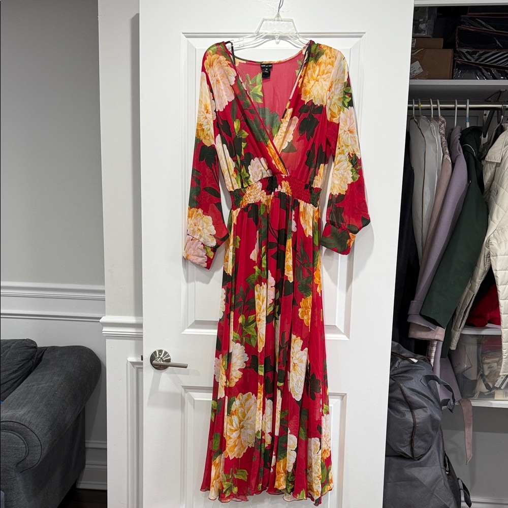 Red Floral Wrap Maxi Dress with Long Sleeves